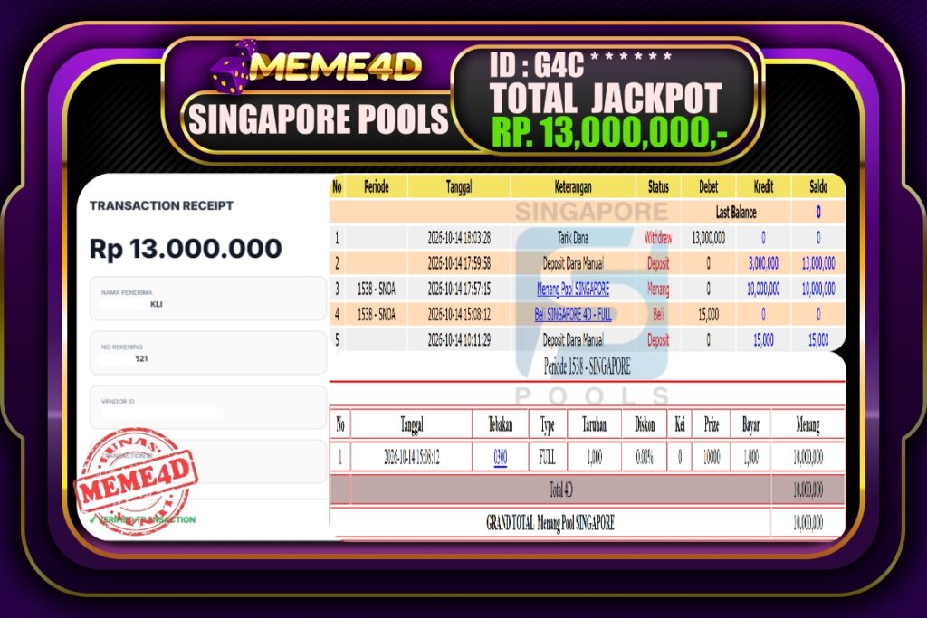 Bukti Jp MEME4D Togel Online 15 Oktober 2026