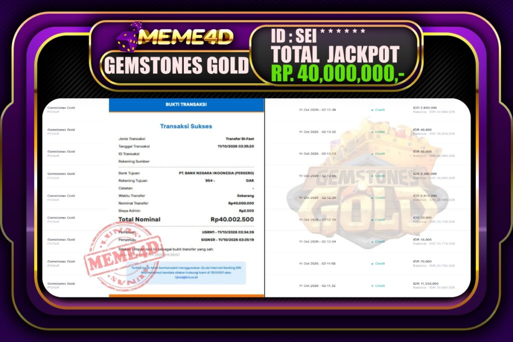 Bukti Jp MEME4D Slot Online 12 Oktober 2026